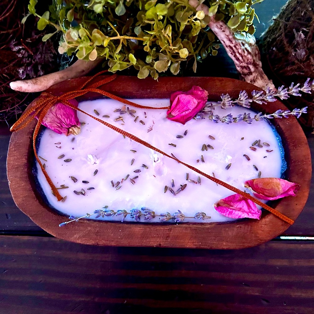 3 Wick Dough Bowl Candle Lavender Rose Scented Real Botanicals Wooden Candle